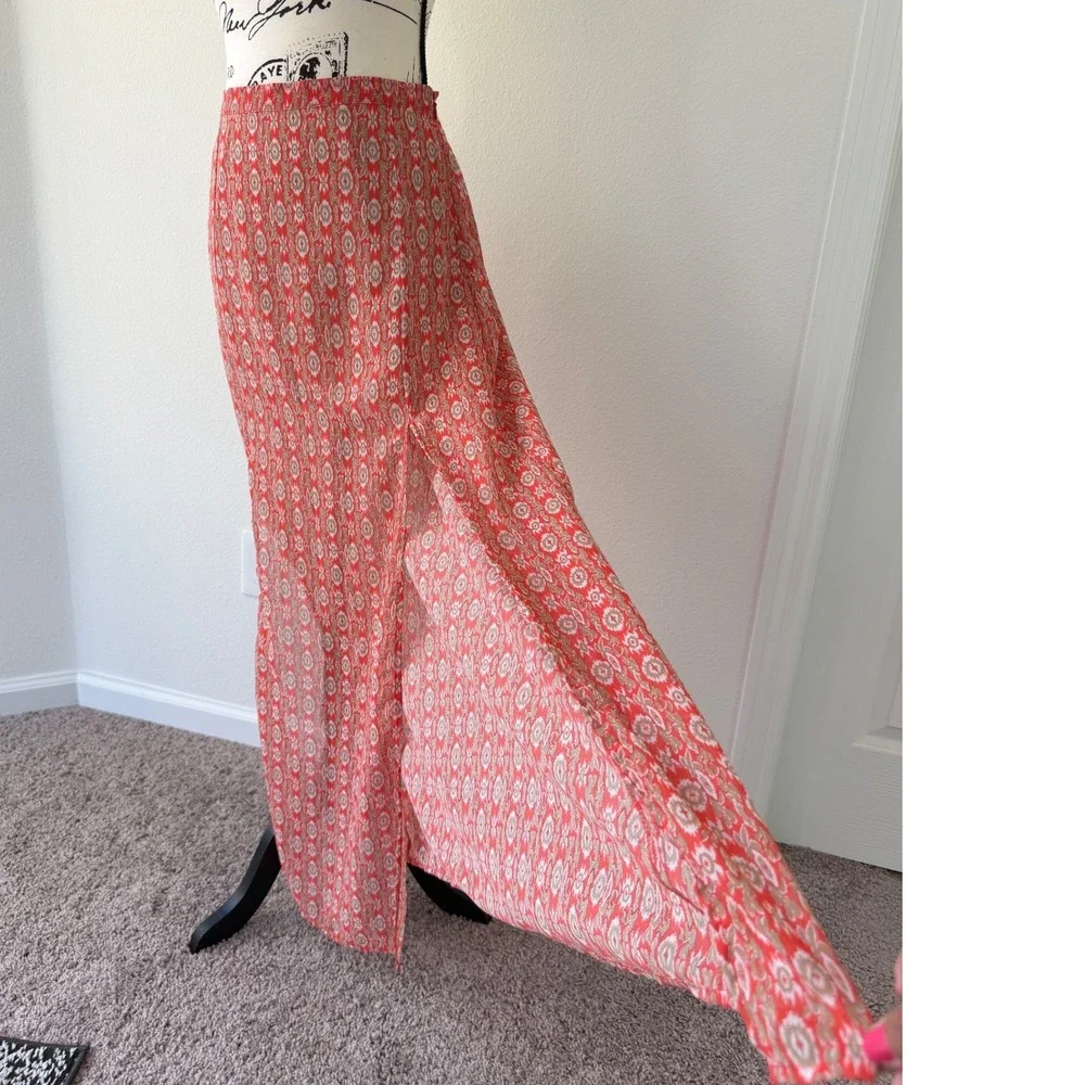 Skies Are Blue Red Boho Ikat Print Maxi‎ Skirt with High Slit Small 50489